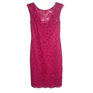 Calvin Klein Women's Sleeveless Sheath Fuchsia Pleated Lace Overlay Dress Sz 14